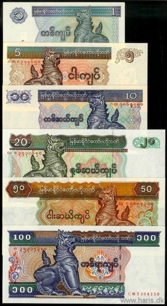 Picture of MYANMAR 1-100 Kyats ND(1994-97) P69-74b UNC