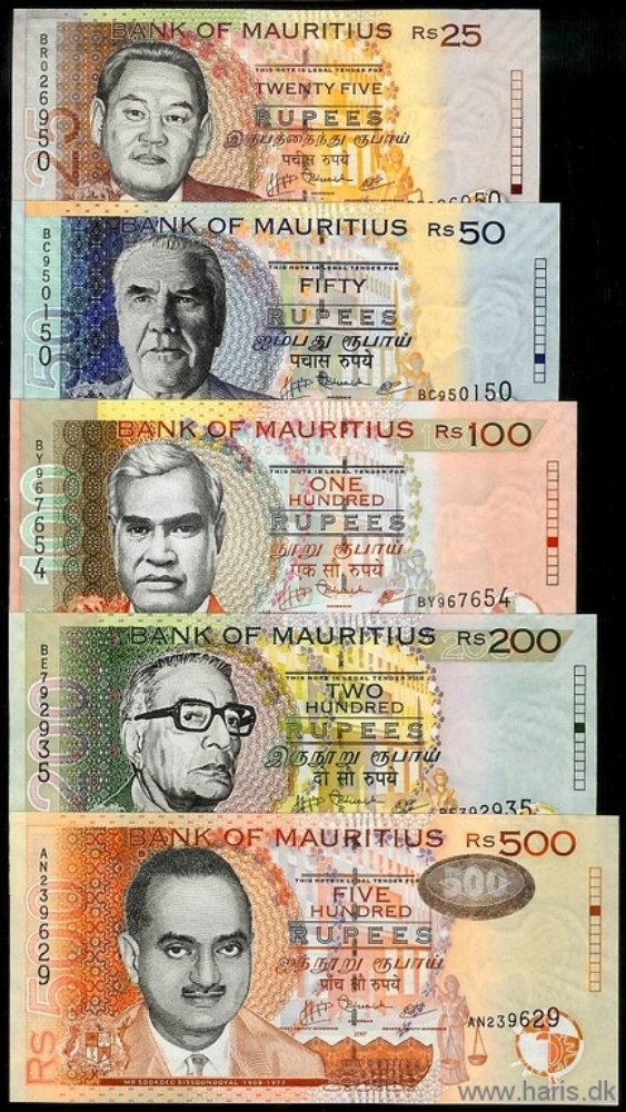 Picture of MAURITIUS 25-500 Rupees 2007-09 P 49d-58a UNC