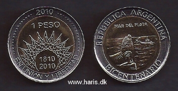 Picture of ARGENTINA 1 Peso 2010, Mar del Plata KM158 UNC