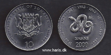 Picture of SOMALIA 10 Shillings 2000 Snake KM 95 UNC