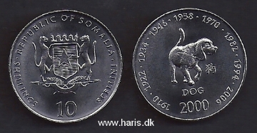 Picture of SOMALIA 10 Shillings 2000 Dog KM 100 UNC