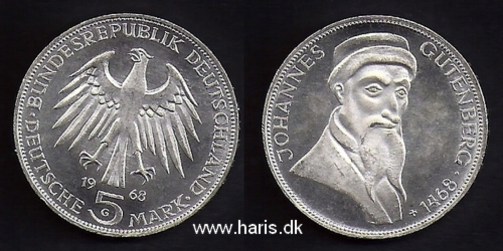 Picture of GERMANY 5 Mark 1968 Comm. Silver KM122 aUNC