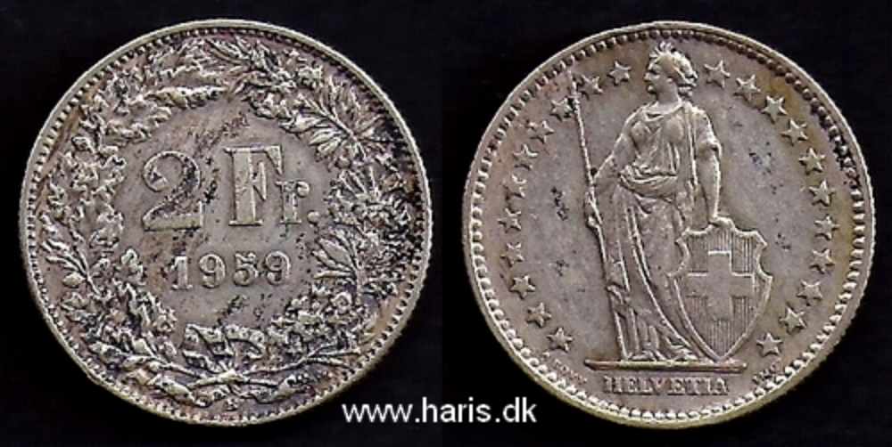 Picture of SWITZERLAND 2 Francs 1959 Silver KM21 VF+