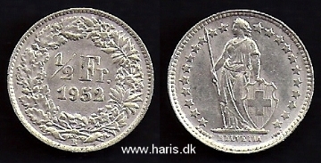 Picture of SWITZERLAND 1/2 Franc 1952 Silver KM23 VF+/XF
