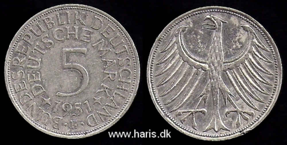 Picture of GERMANY 5 Mark 1951F Silver KM112.1 VF+