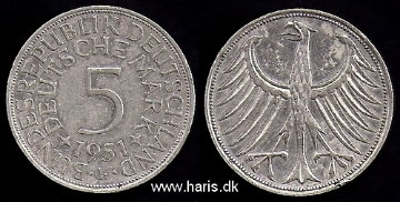 Picture of GERMANY 5 Mark 1951F Silver KM112.1 VF+