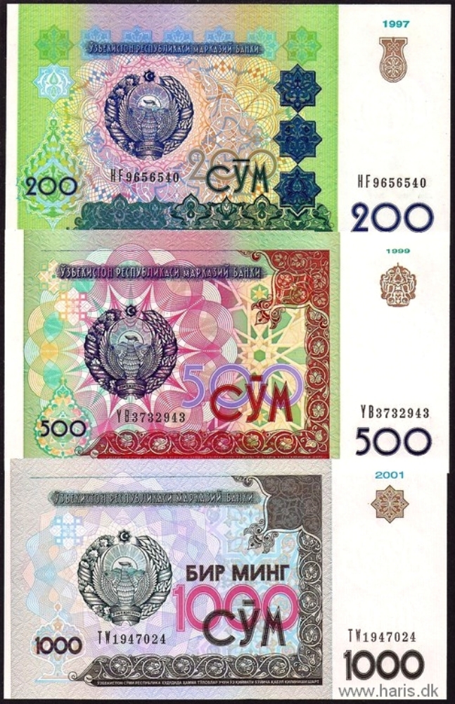 Picture of UZBEKISTAN 3-1000 Som 1994-2001 P74-82 UNC