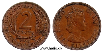 Picture of BRITISH CARIBBEAN TERRITORIES 2 Cents 1955 KM3 XF