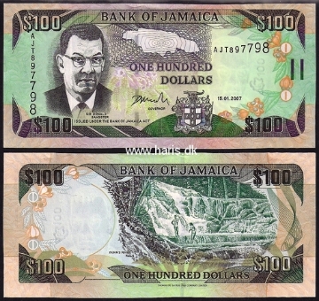 Picture of JAMAICA 100 Dollars 2007 P84e, Radar serial number UNC