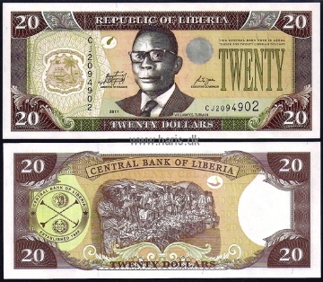 Picture of LIBERIA 20 Dollars 2011 Pnew, Radar serial number UNC