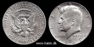 Picture of U.S.A. 1/2 Dollar 1969 D Silver KM202a aUNC