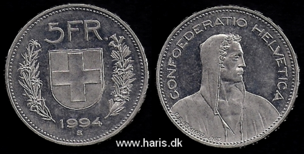 Picture of SWITZERLAND 5 Francs 1994 Silver KM40a.4 XF/aUNC