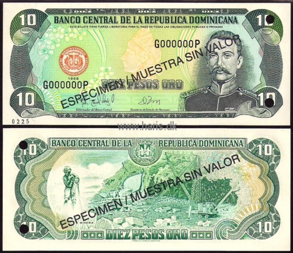 Picture of DOMINICAN REP. 10 Pesos 1998 Specimen P 153s UNC