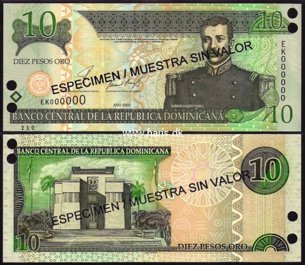 Picture of DOMINICAN REP. 10 Pesos 2002 Specimen P 168s UNC