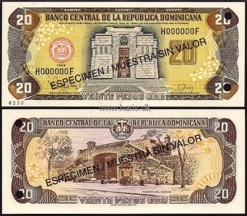 Picture of DOMINICAN REP. 20 Pesos 1998 Specimen P 154s UNC
