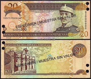 Picture of DOMINICAN REP. 20 Pesos 2002 Specimen P 169s UNC
