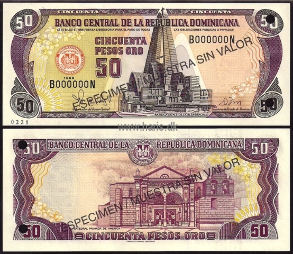 Picture of DOMINICAN REP. 50 Pesos 1998 Specimen P 155s UNC