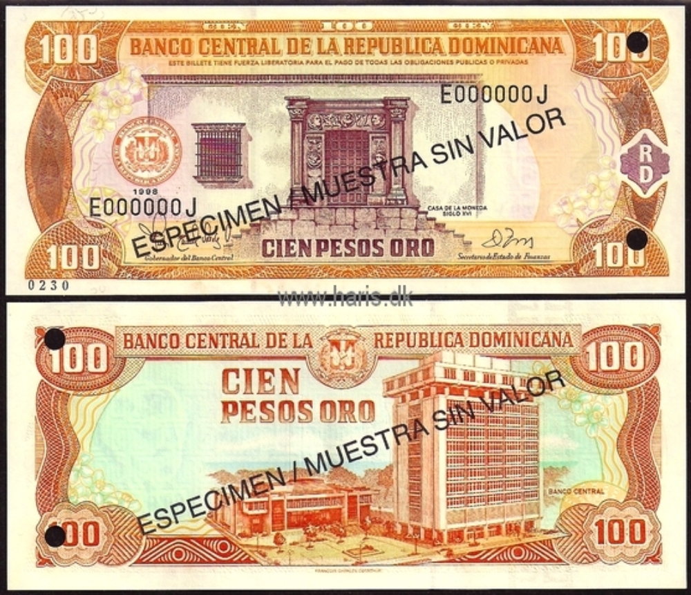 Picture of DOMINICAN REP. 100 Pesos 1998 Specimen P 156s UNC