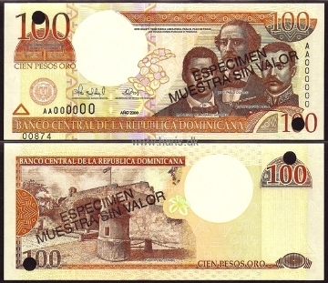 Picture of DOMINICAN REP. 100 Pesos 2000 Specimen P 167s UNC