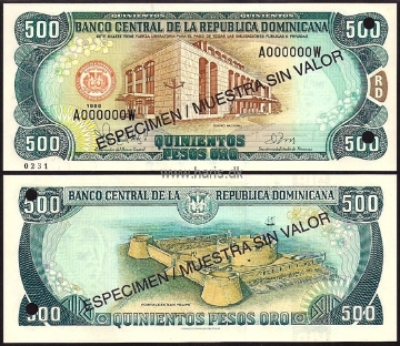 Picture of DOMINICAN REP. 500 Pesos 1998 Specimen P 157s UNC