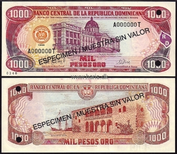 Picture of DOMINICAN REP. 1000 Pesos 1998 Specimen P 158s UNC