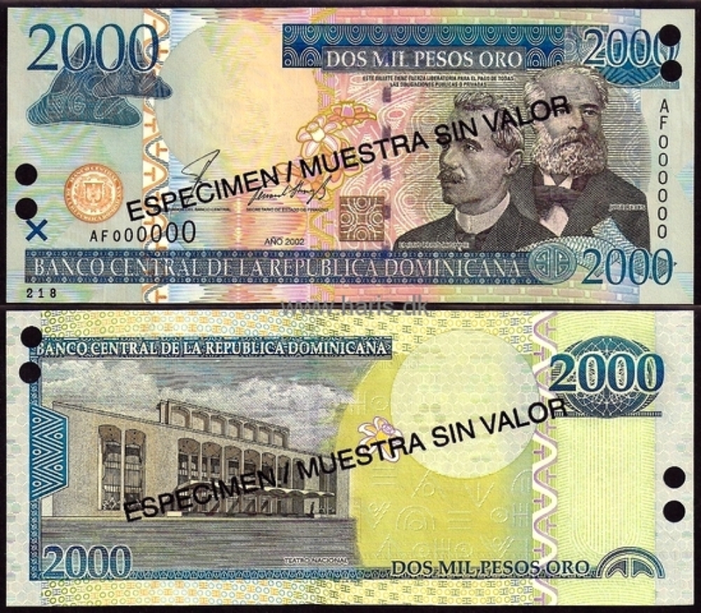 Picture of DOMINICAN REP. 2000 Pesos 2002 Specimen P 174s UNC