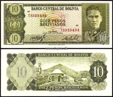 Picture of BOLIVIA 10 Pesos Bolivianos L1962 Sign. 1, P154 UNC