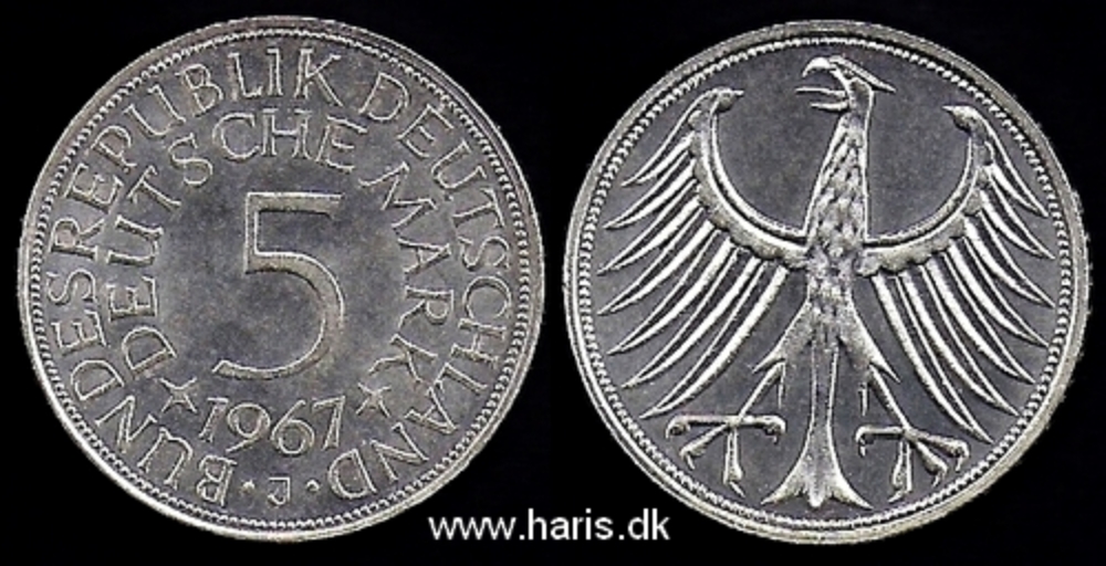 Picture of GERMANY 5 Mark 1967 J Silver KM112.1 aUNC