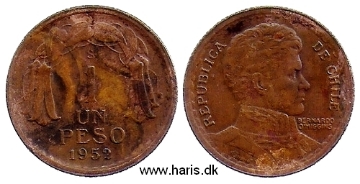Picture of CHILE 1 Peso 1952 KM179 VF+