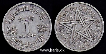 Picture of MOROCCO 1 Franc AH1370 (1951) KM46 VF