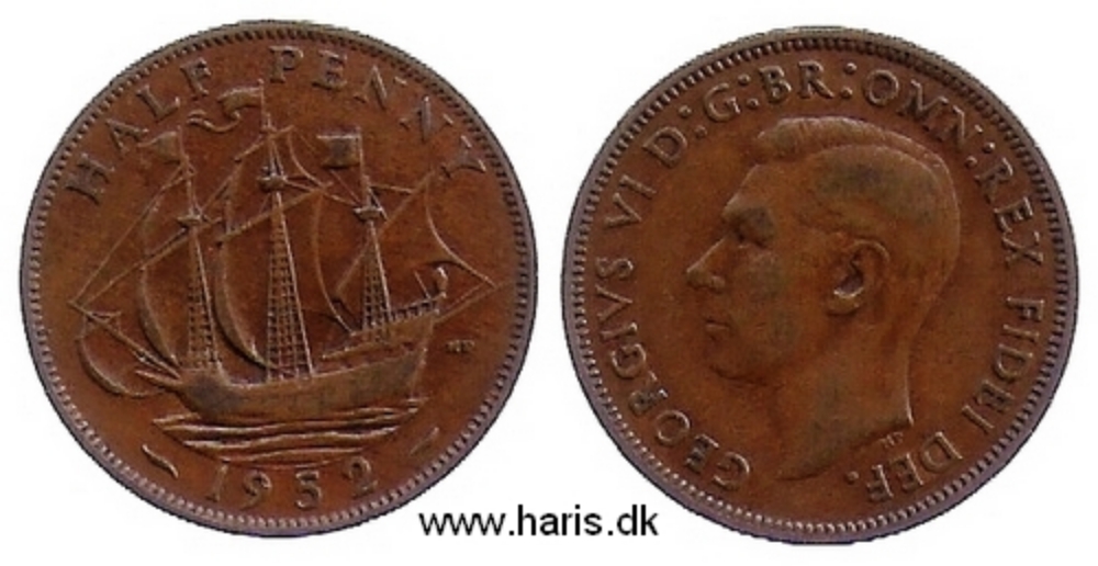 Picture of GREAT BRITAIN 1/2 Penny 1952 KM868 VF