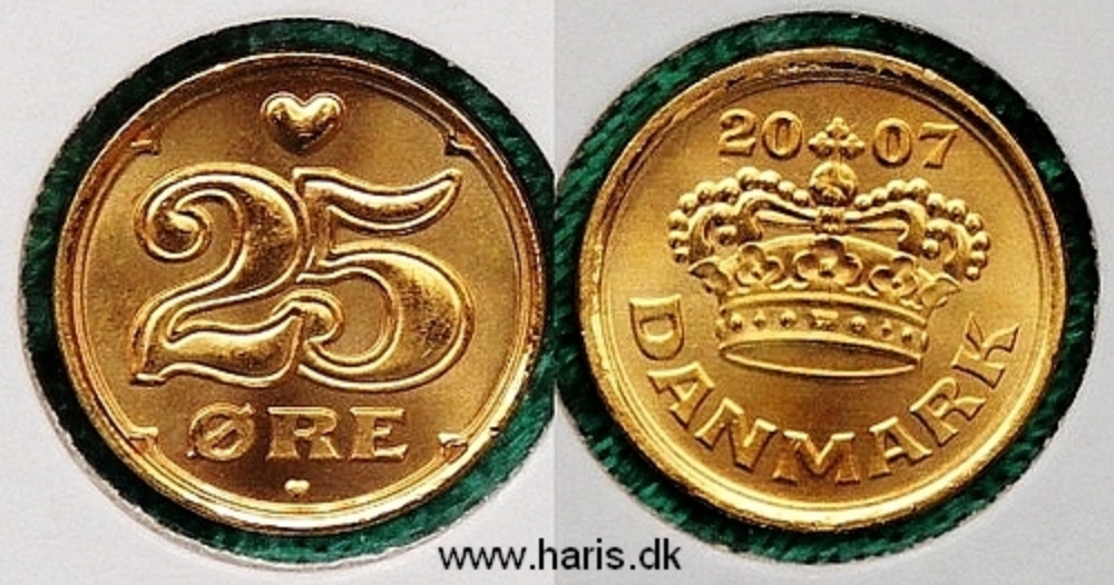 Picture of DENMARK 25 Ore 2007 KM868.2 Gold plated UNC