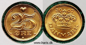 Picture of DENMARK 25 Ore 2007 KM868.2 Gold plated UNC