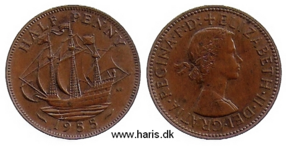 Picture of GREAT BRITAIN 1/2 Penny 1955 KM896 VF+