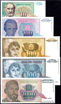 Picture of YUGOSLAVIA 100-5.000.000 Dinara 1990-94 P105-142, 9 pc. set UNC