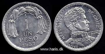 Picture of CHILE 1 Peso 1957 KM179a XF+