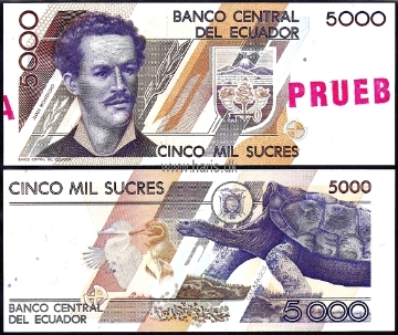 Picture of ECUADOR 5000 Sucres ND(1987) P126 SPECIMEN UNC