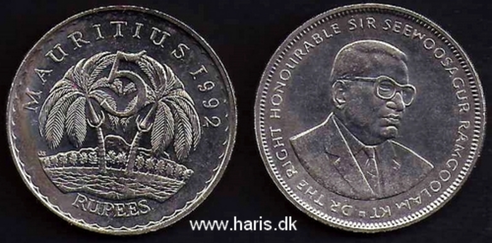 Picture of MAURITIUS 5 Rupees 1992 KM56 UNC