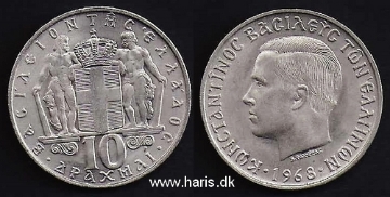 Picture of GREECE 10 Drachmai 1968 KM96 XF