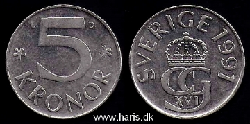 Picture of SWEDEN 5 Kronor 1991 KM853 VF+/XF