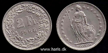 Picture of SWITZERLAND 2 Francs 1968 KM21a.1 XF