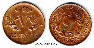 Picture of COLOMBIA 5 Centavos 1969 KM206a XF+