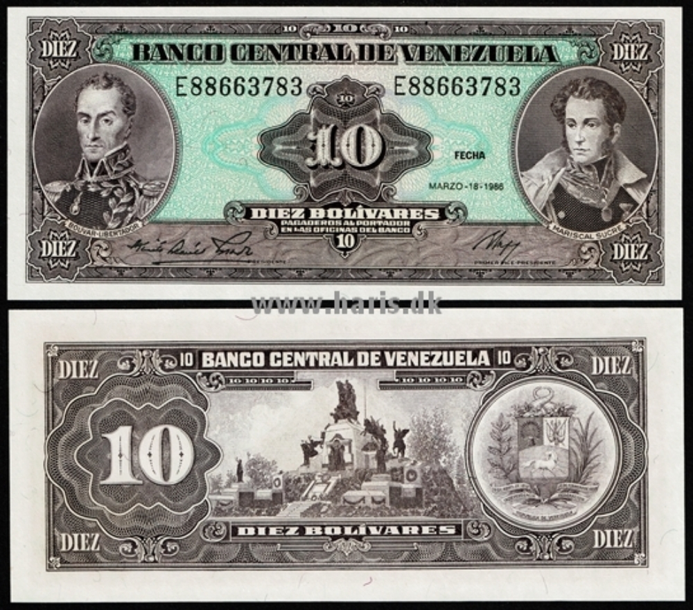 Picture of VENEZUELA 10 Bolivares 1986 P61a UNC