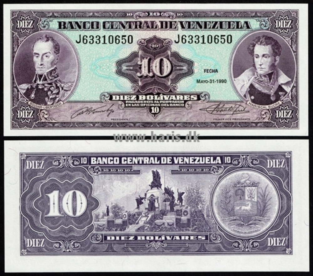 Picture of VENEZUELA 10 Bolivares 1990 P61b UNC