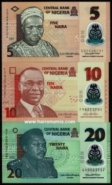 Picture of NIGERIA 5-20 Naira 2021-22, 3 pc set P 38l-34r UNC