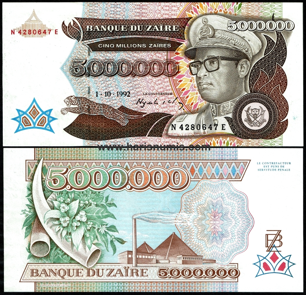 Picture of ZAIRE 5.000.000 Zaires 1992 P 46 UNC