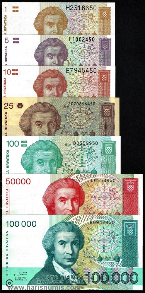 Picture of CROATIA 1-100,000 Dinara 1991-93 P16-27 UNC