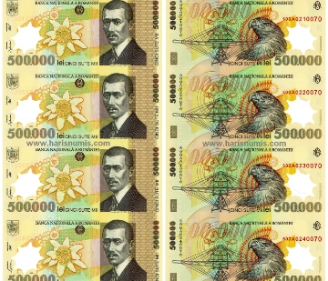 Picture of ROMANIA 500.000 Lei 2000 Uncut Sheet of 4 P115b UNC