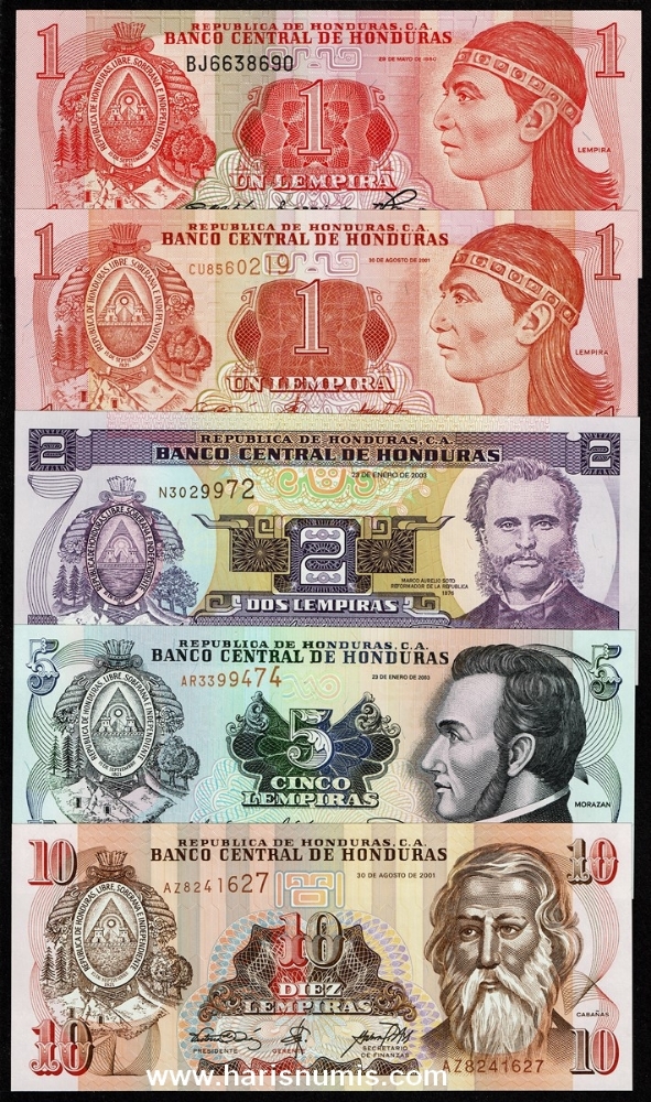 Picture of HONDURAS 1 - 10 Lempiras 1988-2003 P68a-86 UNC