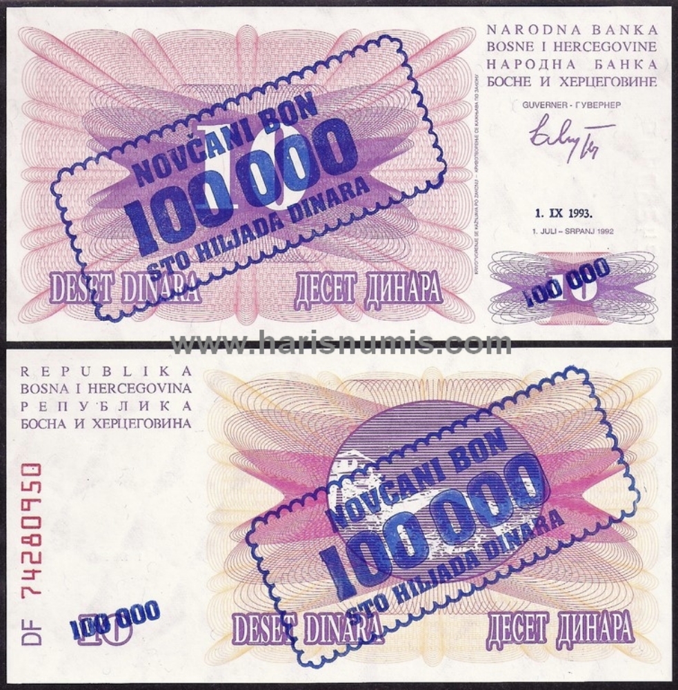 Picture of BOSNIA HERZEGOVINA 100.000 Dinara 01.09.1993 P34a UNC